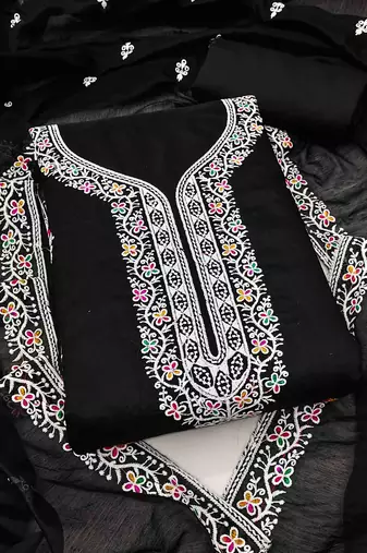 Black chanderi embroidered unstitched dressmaterials 3 pair top bottom dupptaa