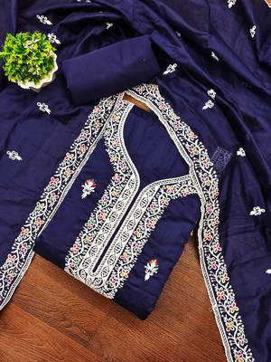 Blue chanderi embroidered unstitched dressmaterials 3 pair top bottom dupptaa 1