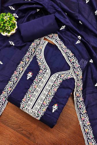 Blue chanderi embroidered unstitched dressmaterials 3 pair top bottom dupptaa