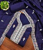 Blue chanderi embroidered unstitched dressmaterials 3 pair top bottom dupptaa