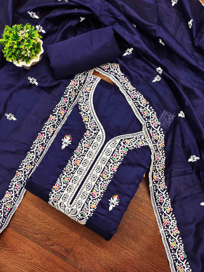 Blue chanderi embroidered unstitched dressmaterials 3 pair top bottom dupptaa
