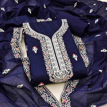 Blue chanderi embroidered unstitched dressmaterials 3 pair top bottom dupptaa 2