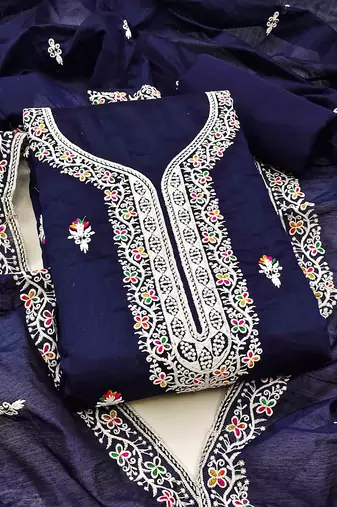 Blue chanderi embroidered unstitched dressmaterials 3 pair top bottom dupptaa