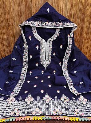 Blue chanderi embroidered unstitched dressmaterials 3 pair top bottom dupptaa 3