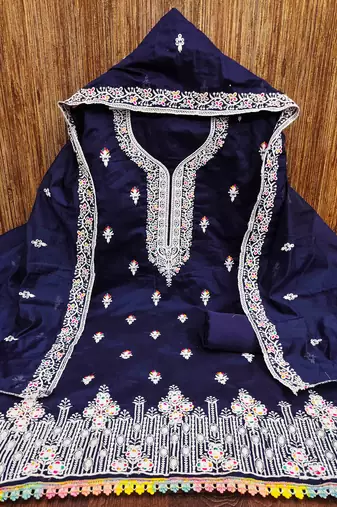 Blue chanderi embroidered unstitched dressmaterials 3 pair top bottom dupptaa
