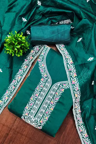 Green chanderi embroidered unstitched dressmaterials 3 pair top bottom dupptaa