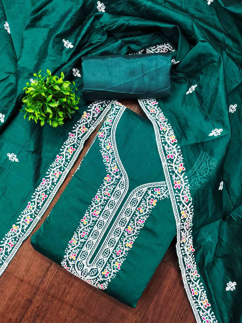 Green chanderi embroidered unstitched dressmaterials 3 pair top bottom dupptaa