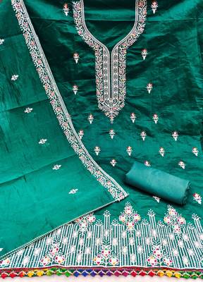 Green chanderi embroidered unstitched dressmaterials 3 pair top bottom dupptaa 2