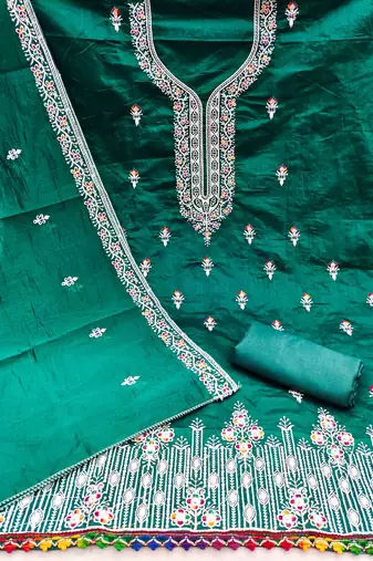 Green chanderi embroidered unstitched dressmaterials 3 pair top bottom dupptaa