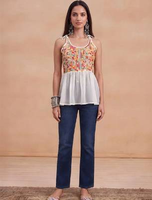 Women floral embroidered thread work floral georgette kurta 1