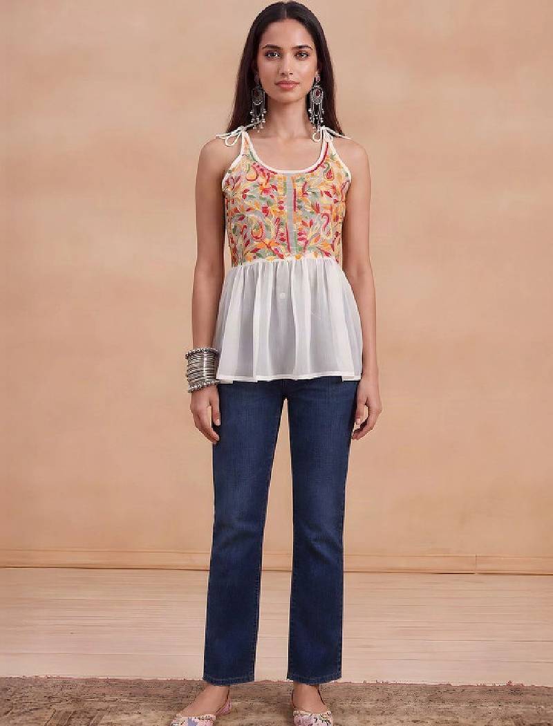Women floral embroidered thread work floral georgette kurta