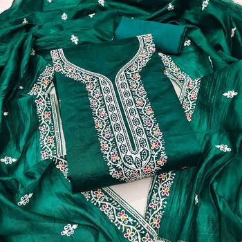 Green chanderi embroidered unstitched dressmaterials 3 pair top bottom dupptaa 3