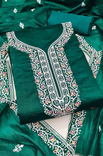 Green chanderi embroidered unstitched dressmaterials 3 pair top bottom dupptaa