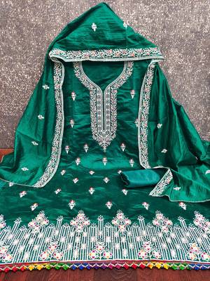 Green chanderi embroidered unstitched dressmaterials 3 pair top bottom dupptaa 4