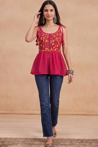 Women ethnic motifs embroidered thread work indie florals georgette kurta