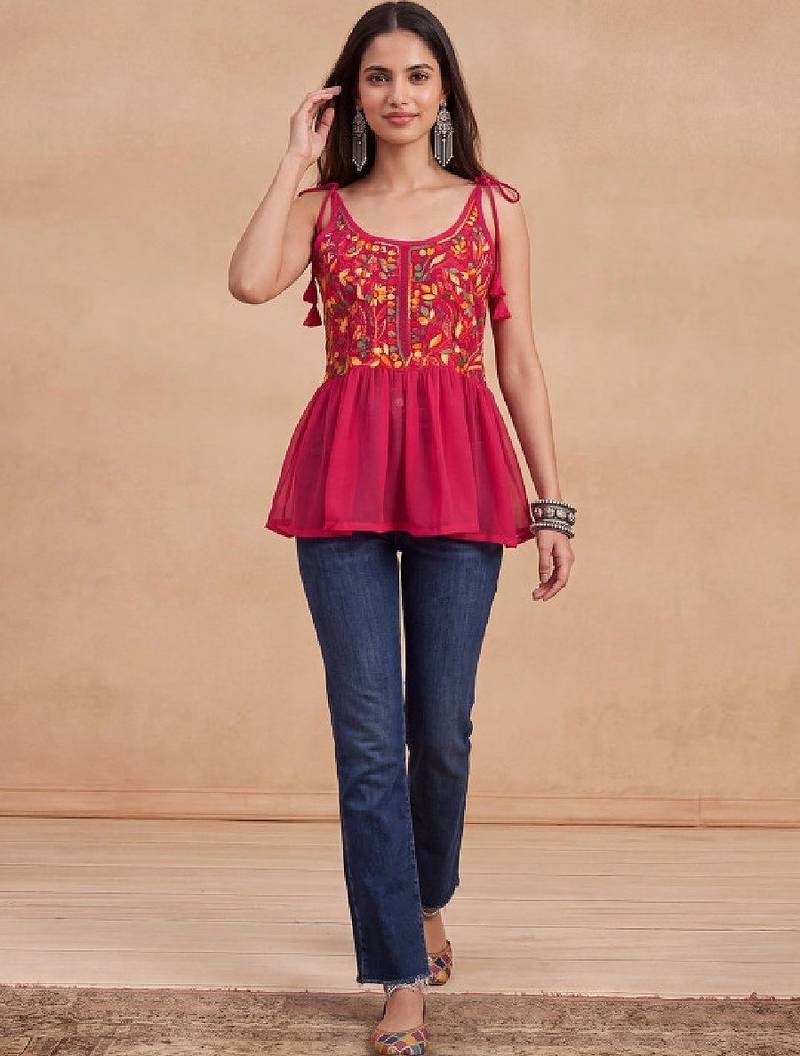 Women ethnic motifs embroidered thread work indie florals georgette kurta