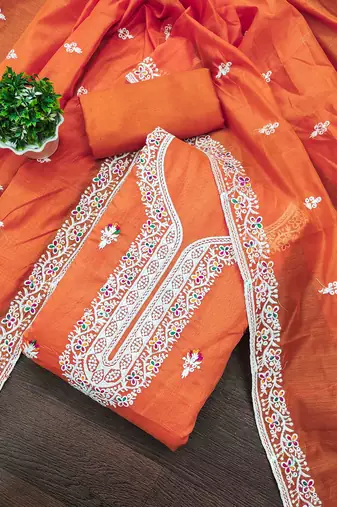 Orange chanderi embroidered unstitched dressmaterials 3 pair top bottom dupptaa