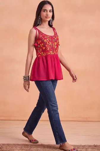 Women ethnic motifs embroidered thread work indie florals georgette kurta