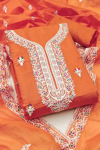 Orange chanderi embroidered unstitched dressmaterials 3 pair top bottom dupptaa