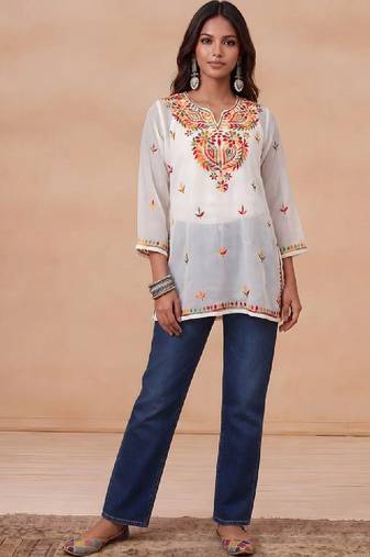 Women ethnic motifs embroidered thread work georgette kurta