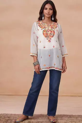 Women ethnic motifs embroidered thread work georgette kurta
