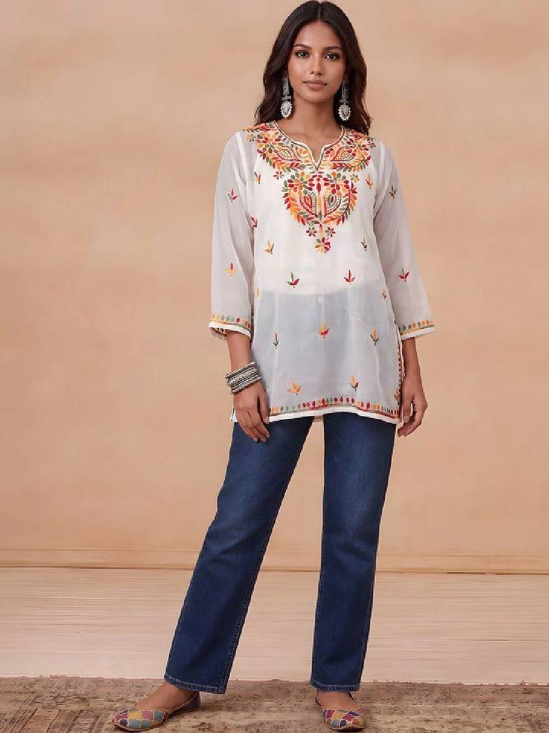 Women ethnic motifs embroidered thread work georgette kurta