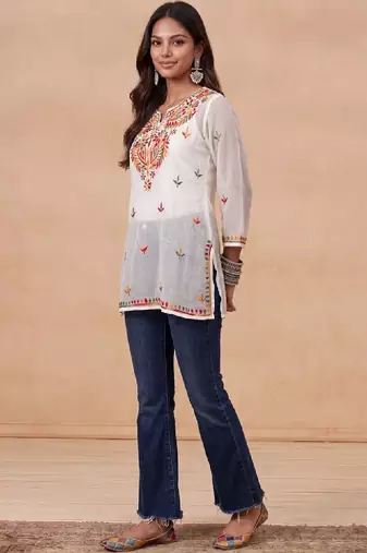 Women ethnic motifs embroidered thread work georgette kurta