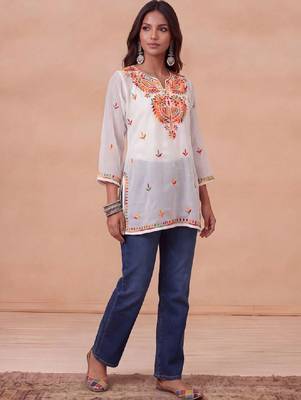 Women ethnic motifs embroidered thread work georgette kurta 3