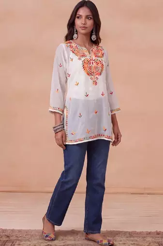 Women ethnic motifs embroidered thread work georgette kurta