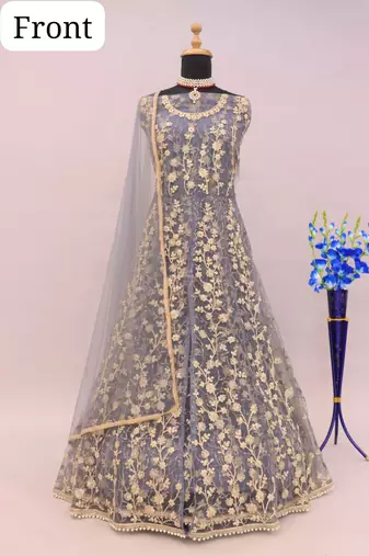Grey embroidered butterfly net anarkali suit
