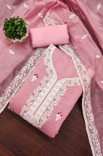 Peach chanderi embroidered unstitched dressmaterials 3 pair top bottom dupptaa