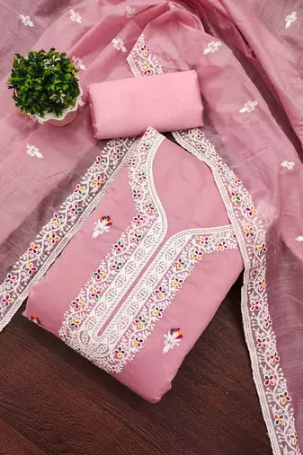 Peach chanderi embroidered unstitched dressmaterials 3 pair top bottom dupptaa