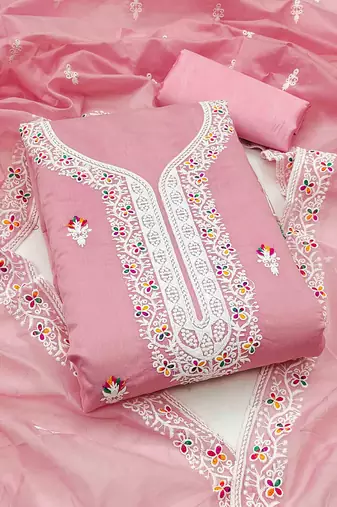 Peach chanderi embroidered unstitched dressmaterials 3 pair top bottom dupptaa