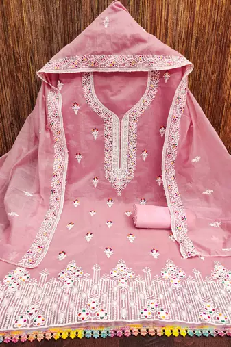 Peach chanderi embroidered unstitched dressmaterials 3 pair top bottom dupptaa