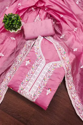 Pink chanderi embroidered unstitched dressmaterials 3 pair top bottom dupptaa