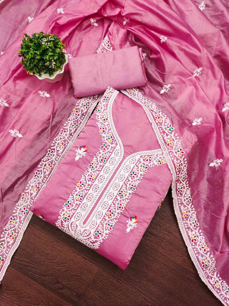 Pink chanderi embroidered unstitched dressmaterials 3 pair top bottom dupptaa