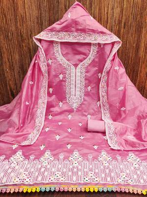 Pink chanderi embroidered unstitched dressmaterials 3 pair top bottom dupptaa 2