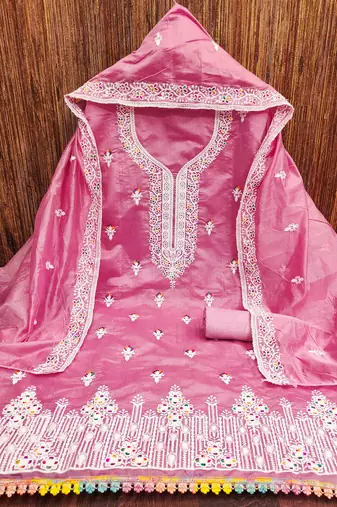 Pink chanderi embroidered unstitched dressmaterials 3 pair top bottom dupptaa