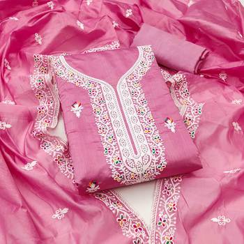 Pink chanderi embroidered unstitched dressmaterials 3 pair top bottom dupptaa 3
