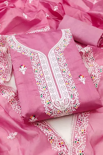 Pink chanderi embroidered unstitched dressmaterials 3 pair top bottom dupptaa