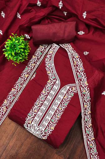 Red chanderi embroidered unstitched dressmaterials 3 pair top bottom dupptaa