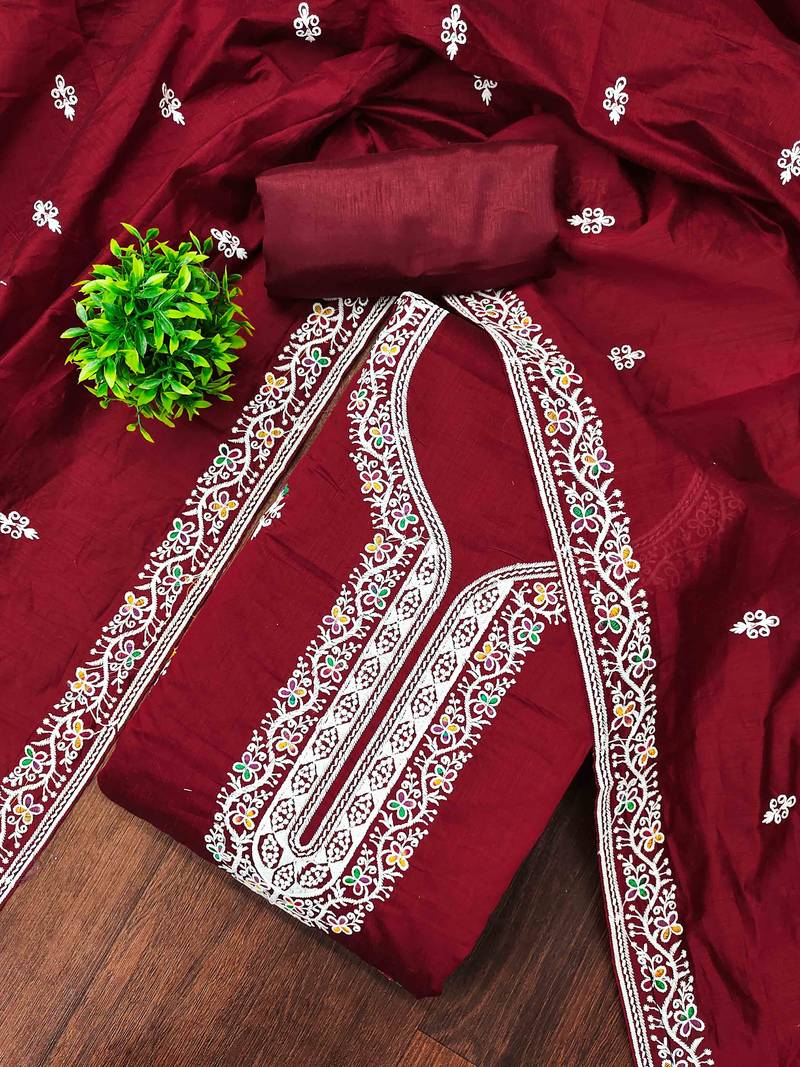 Red chanderi embroidered unstitched dressmaterials 3 pair top bottom dupptaa