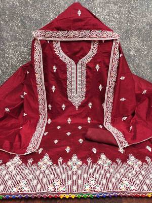 Red chanderi embroidered unstitched dressmaterials 3 pair top bottom dupptaa 2