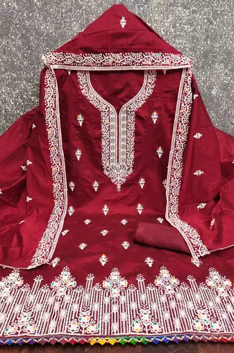 Red chanderi embroidered unstitched dressmaterials 3 pair top bottom dupptaa