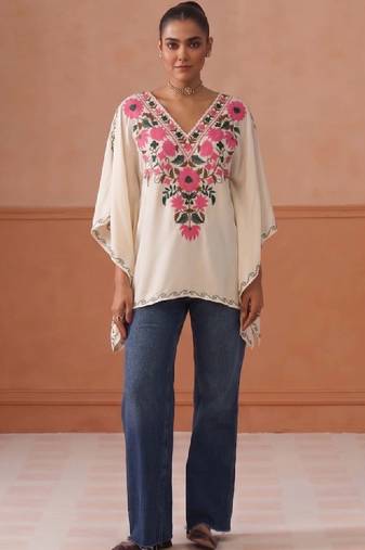 Women floral embroidered thread work floral kaftan kurta