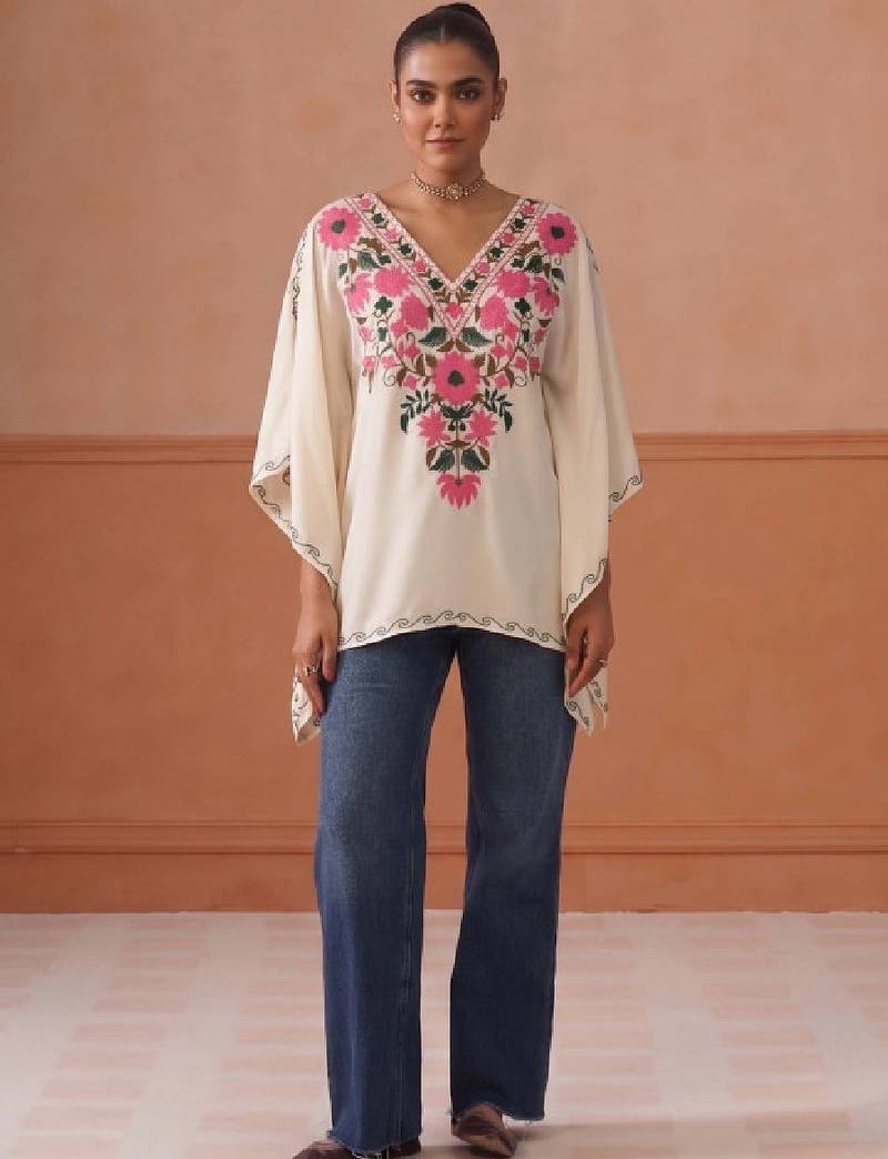 Women floral embroidered thread work floral kaftan kurta