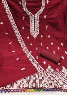 Red chanderi embroidered unstitched dressmaterials 3 pair top bottom dupptaa 3