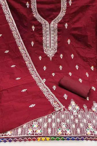 Red chanderi embroidered unstitched dressmaterials 3 pair top bottom dupptaa