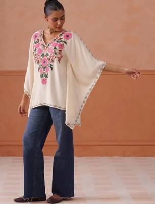 Women floral embroidered thread work floral kaftan kurta 2