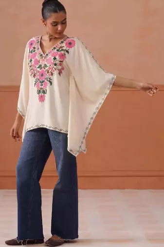 Women floral embroidered thread work floral kaftan kurta